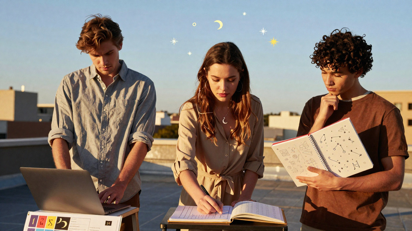 Três jovens a estudar astrofísica no terraço ao ar livre com caderno, laptop e livros, céu ao entardecer.