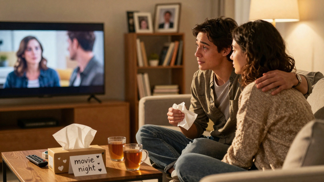 Casal sentado no sofá a ver filme, com lenços e chá na mesa, num ambiente acolhedor e íntimo.