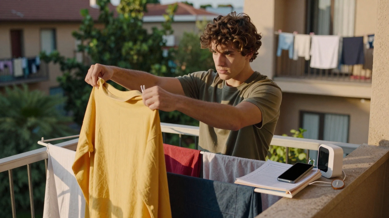 Jovem a estender uma t-shirt amarela para secar numa varanda com roupa e objetos pessoais.