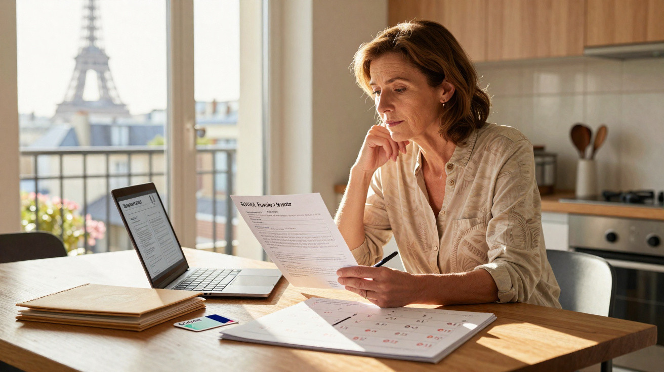 Mulher a analisar documentos sentada à mesa com portátil e calendário, com a Torre Eiffel ao fundo.