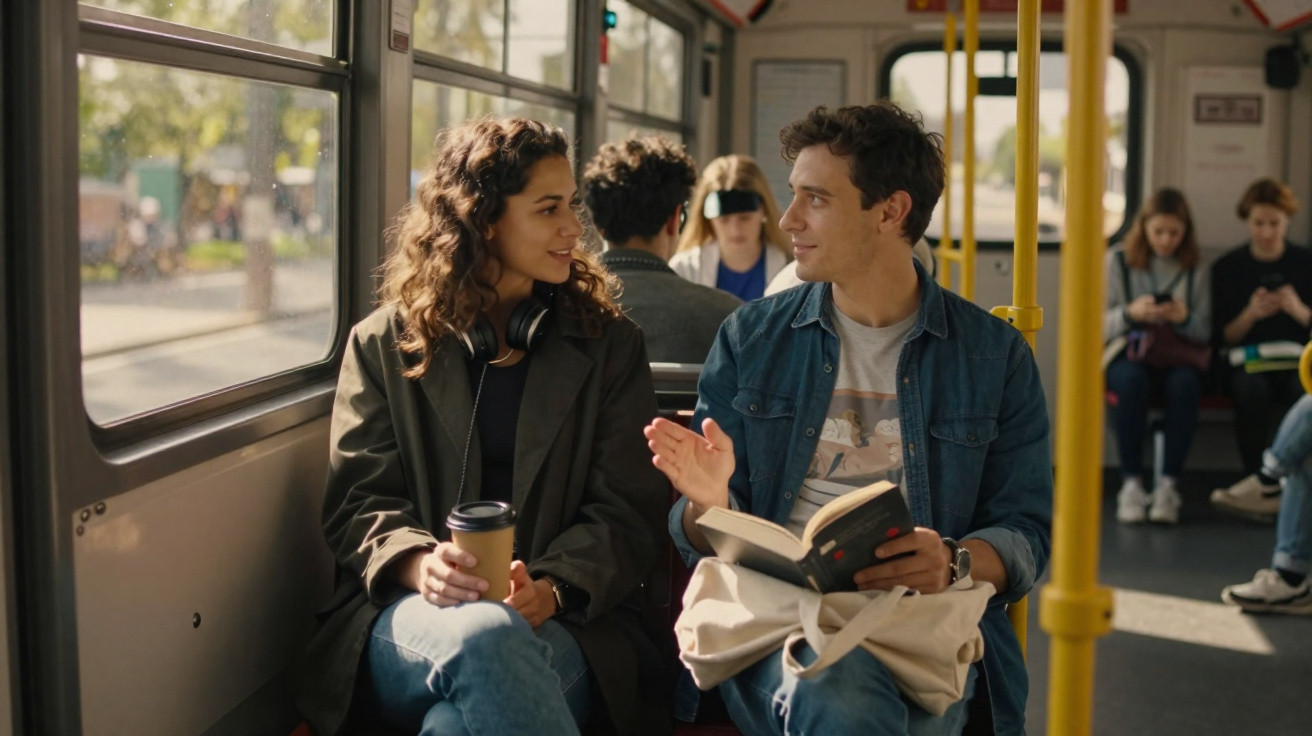 Duas pessoas jovens conversam sentadas numa carruagem de transporte público durante o dia.