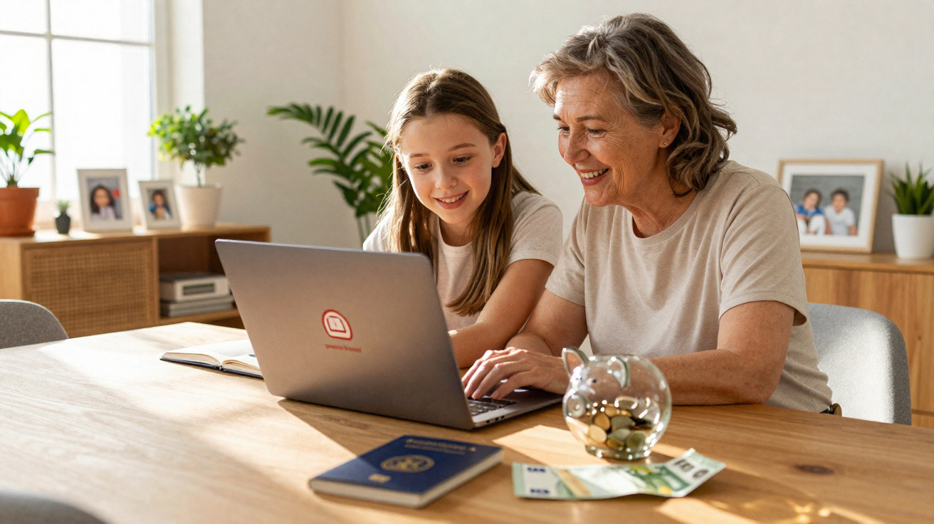 Mulher mais velha e menina sentadas a olhar para o computador portátil numa mesa com moedas, notas e passaporte.