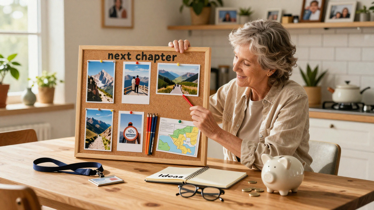 Mulher sénior sentada à mesa com quadro de cortiça intitulado "next chapter" com fotos de paisagens e mapas.