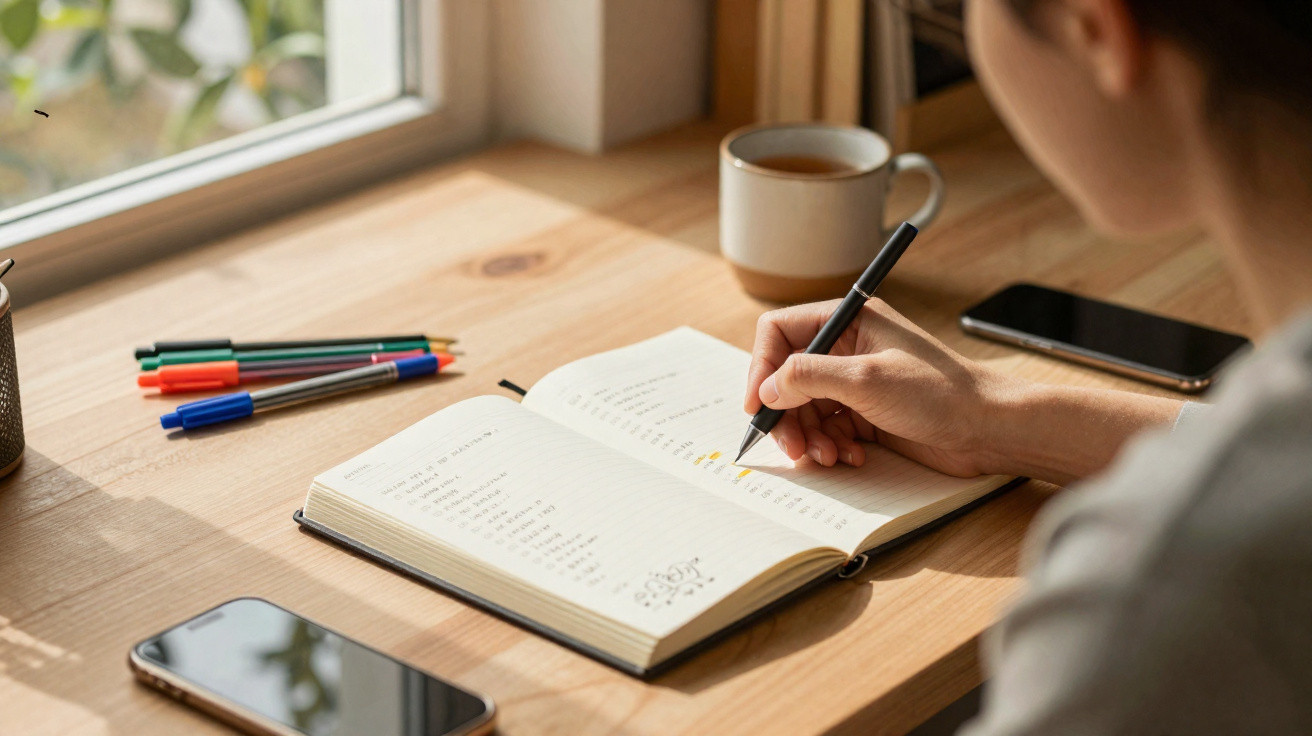 Pessoa a escrever num caderno aberto numa mesa com canetas coloridas, telemóveis e uma chávena de café.
