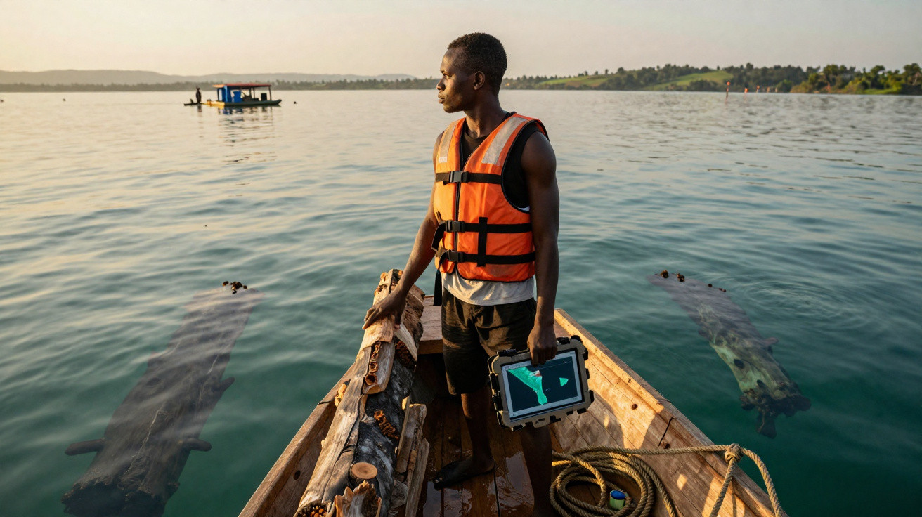 Homem com colete salva-vidas numa canoa em lago calmo, segurando tablet com mapa náutico ao pôr do sol.