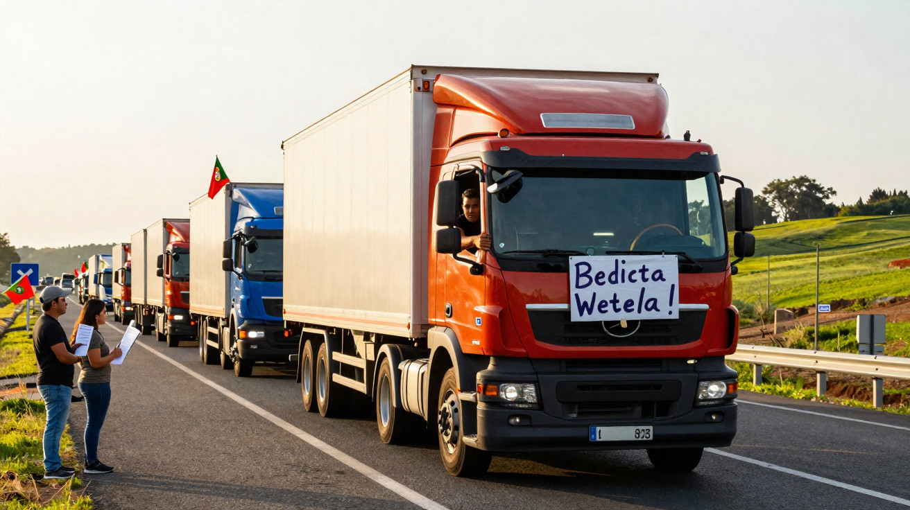 Camiões em fila numa estrada, um com placa "Bedicta Wetela", pessoas com bandeiras e papéis à beira da estrada.