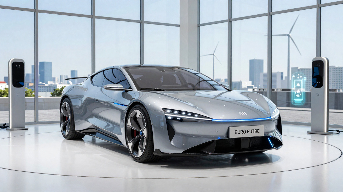Carro elétrico cinza futurista estacionado numa sala ampla com janelas grandes e postos de carregamento.