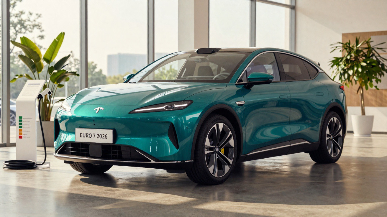 Carro elétrico verde estacionado em interior moderno, ligado a posto de carregamento, com plantas decorativas.