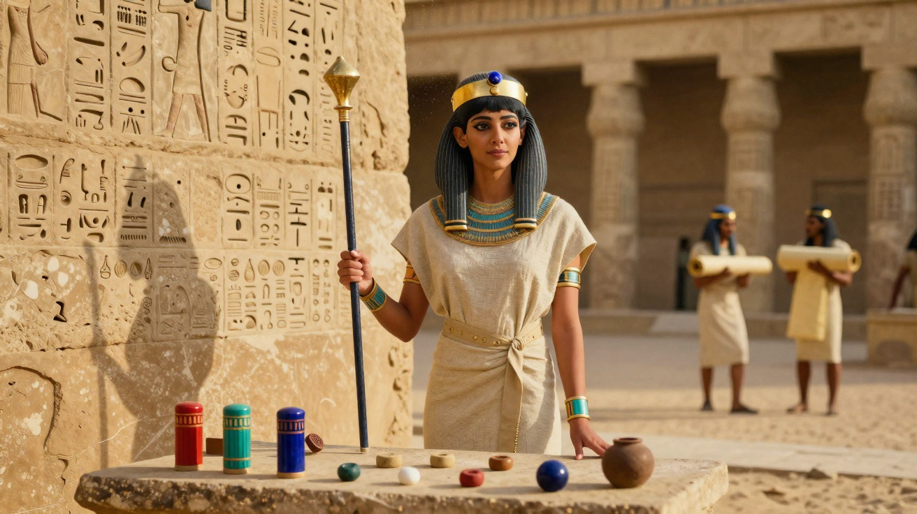 Mulher vestida de faraó egípcio ao lado de mesa com objetos coloridos em templo antigo com hieróglifos.