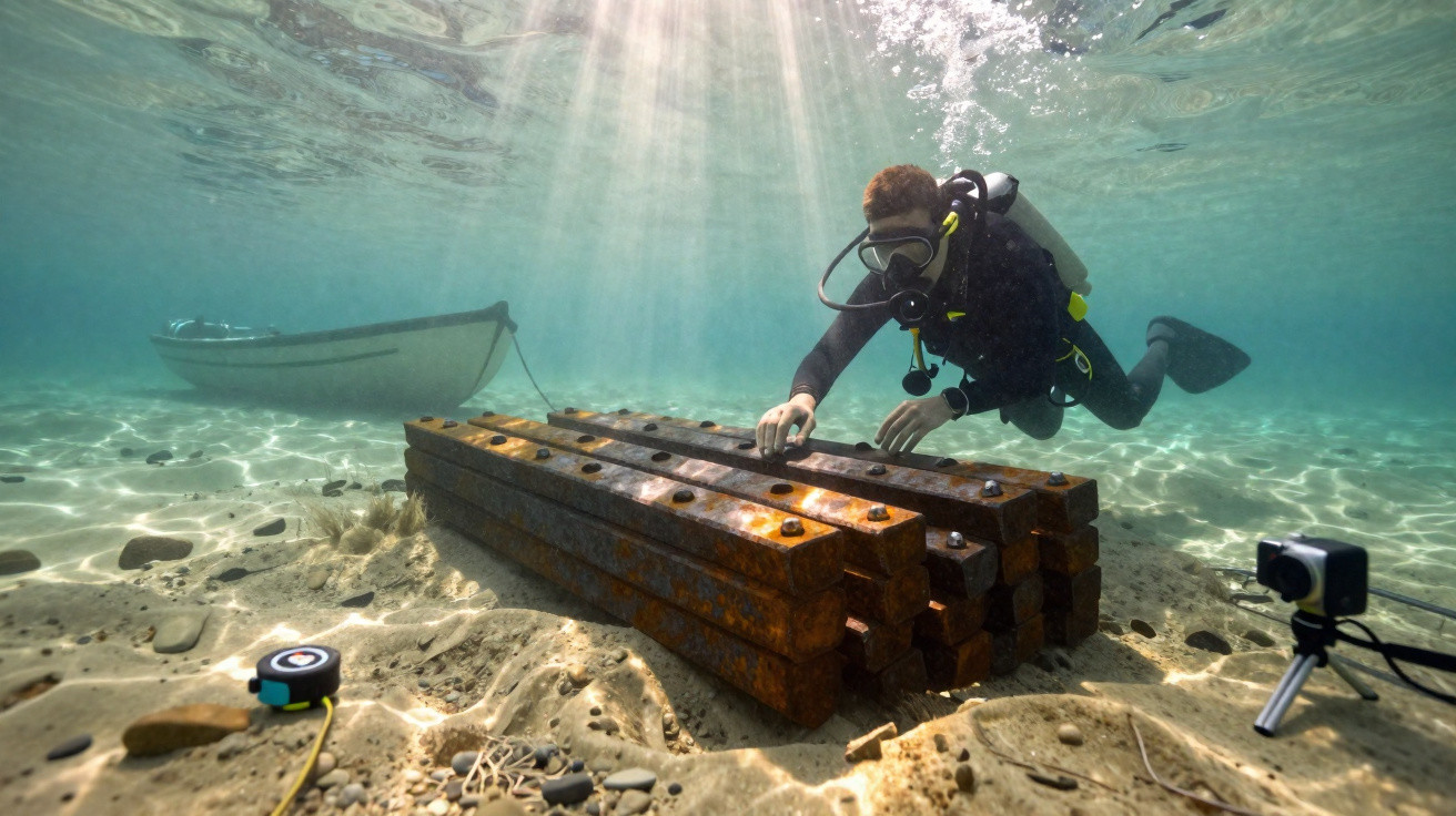 Mergulhador a explorar estruturas metálicas subaquáticas com barco ancorado e equipamento filmador no fundo do mar.