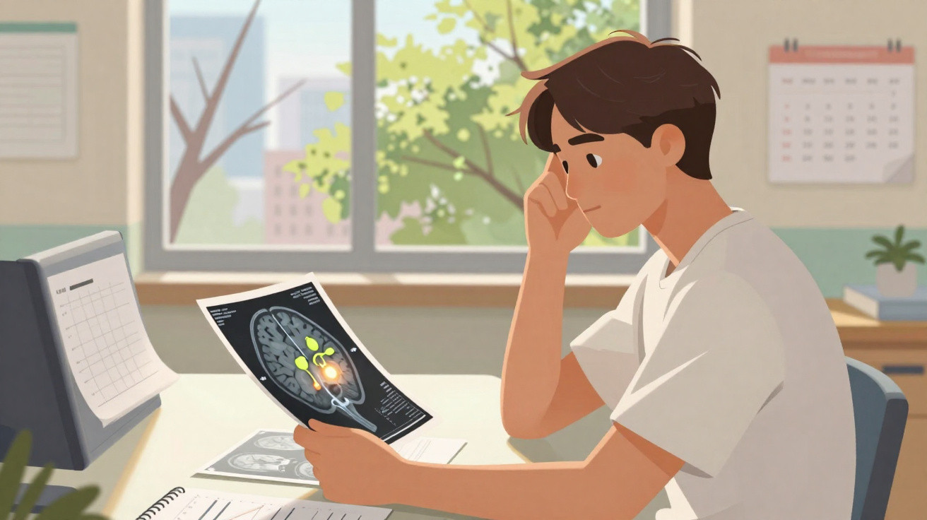 Homem sentado a analisar uma imagem de ressonância magnética do cérebro num consultório médico luminoso.