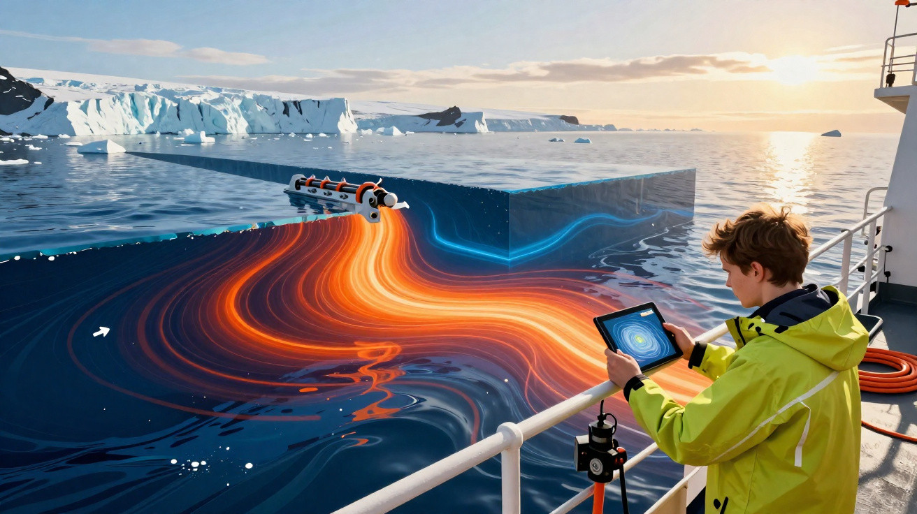 Homem com casaco amarelo no convés de um barco observa gráficos de correntes oceânicas num tablet junto a icebergs.