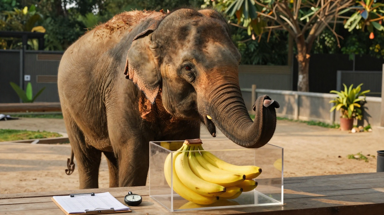 Elefante a examinar um cacho de bananas dentro de caixa transparente numa área ao ar livre.