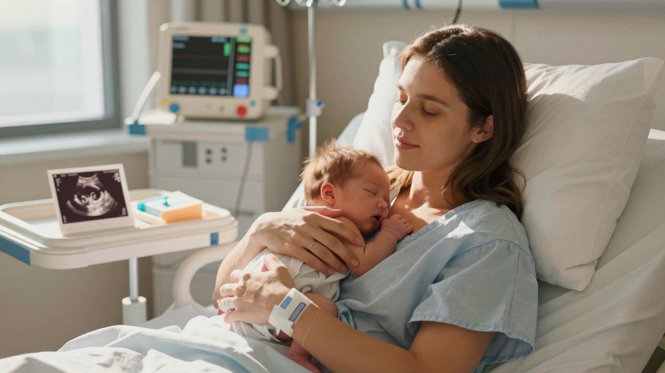 Mãe no hospital a segurar de forma carinhosa o seu bebé recém-nascido no colo, ambos tranquilos.