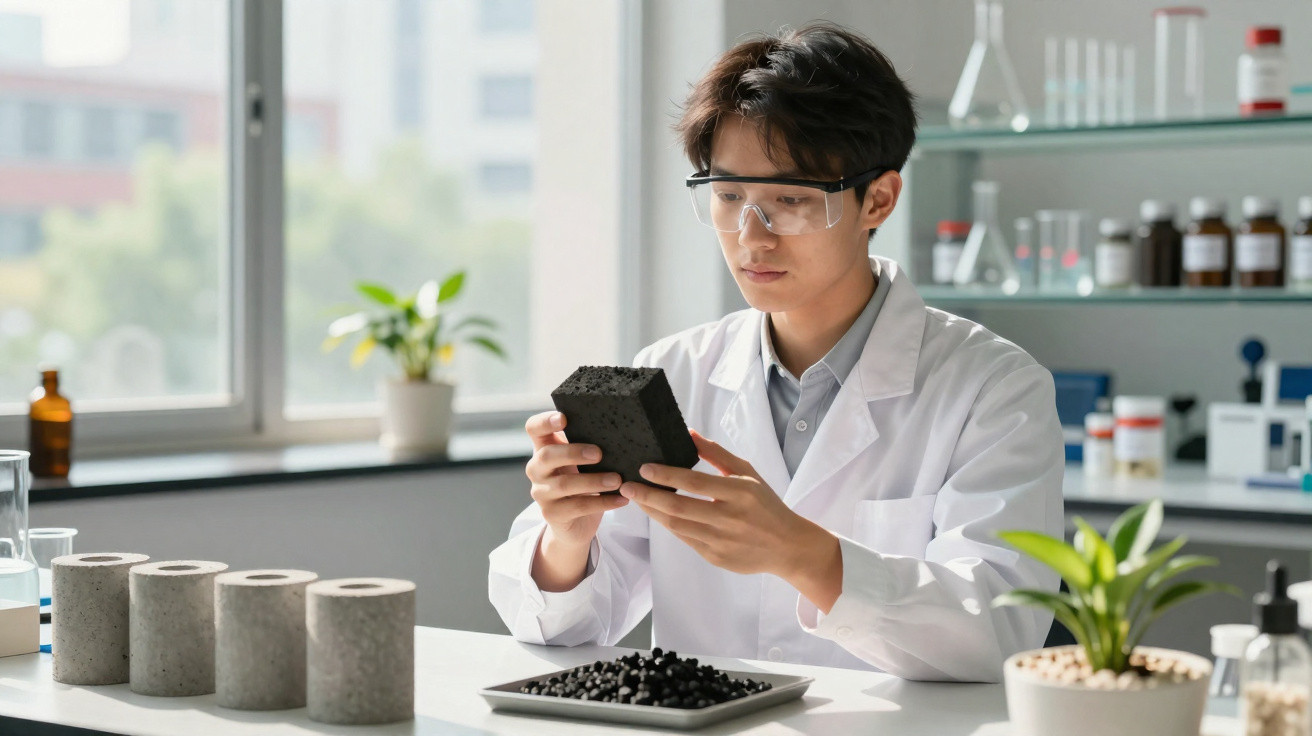 Cientista em laboratório a examinar bloco de material preto poroso com proteção ocular.