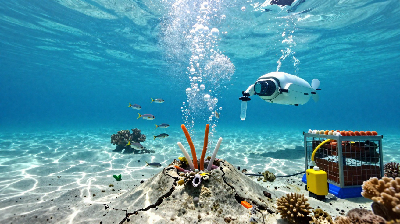 Veículo robótico subaquático inspeciona recife de coral com peixes e equipamento científico no fundo do mar.