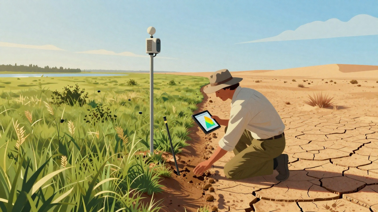 Homem analisa solo com tablet entre área verde e terra seca rachada, mostrando impacto da desertificação.