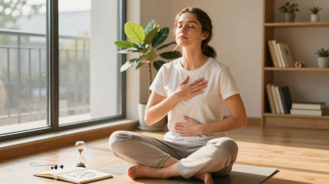 Mulher sentada de pernas cruzadas a meditar, com as mãos no peito e abdómen, numa sala iluminada.