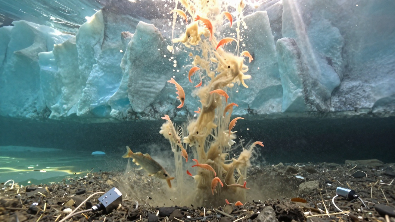 Salmão a emergir do fundo do rio entre sedimentos e algas com icebergue azul ao fundo.