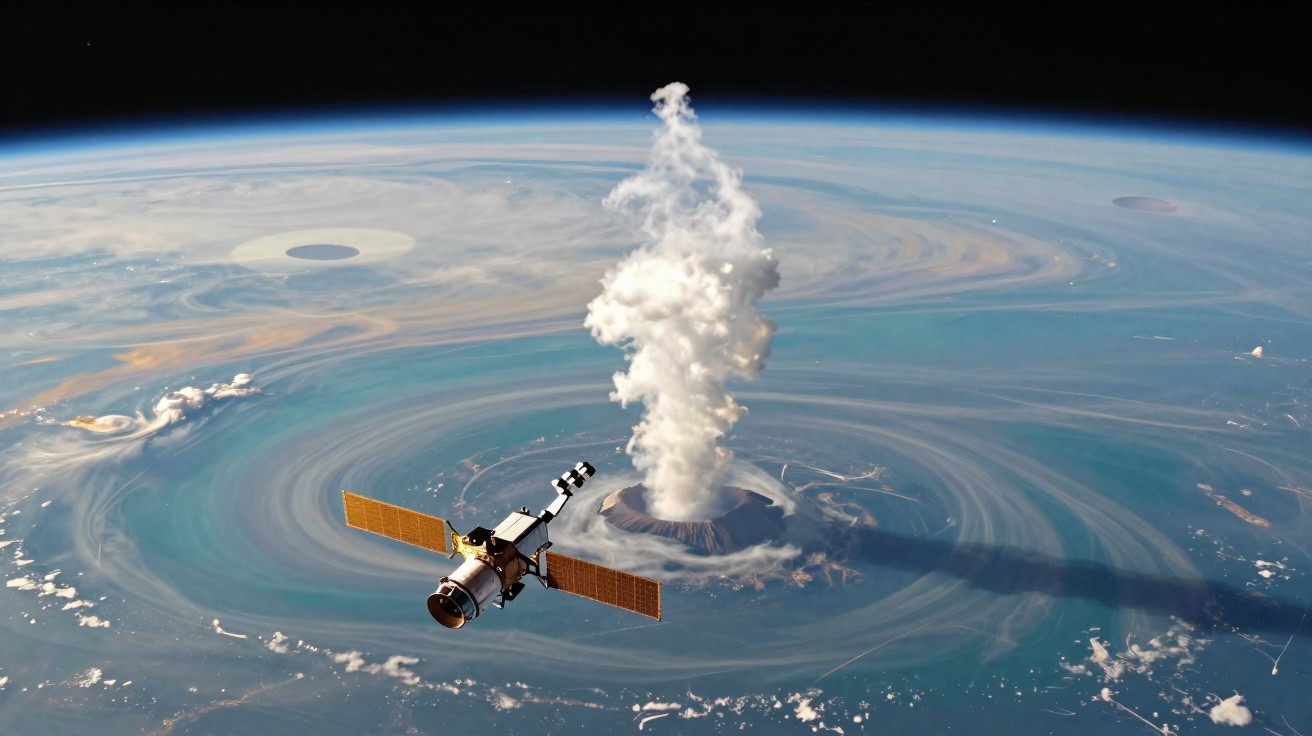 Satélite em órbita observa vulcão ativo no meio do oceano, emitindo grande coluna de fumo.