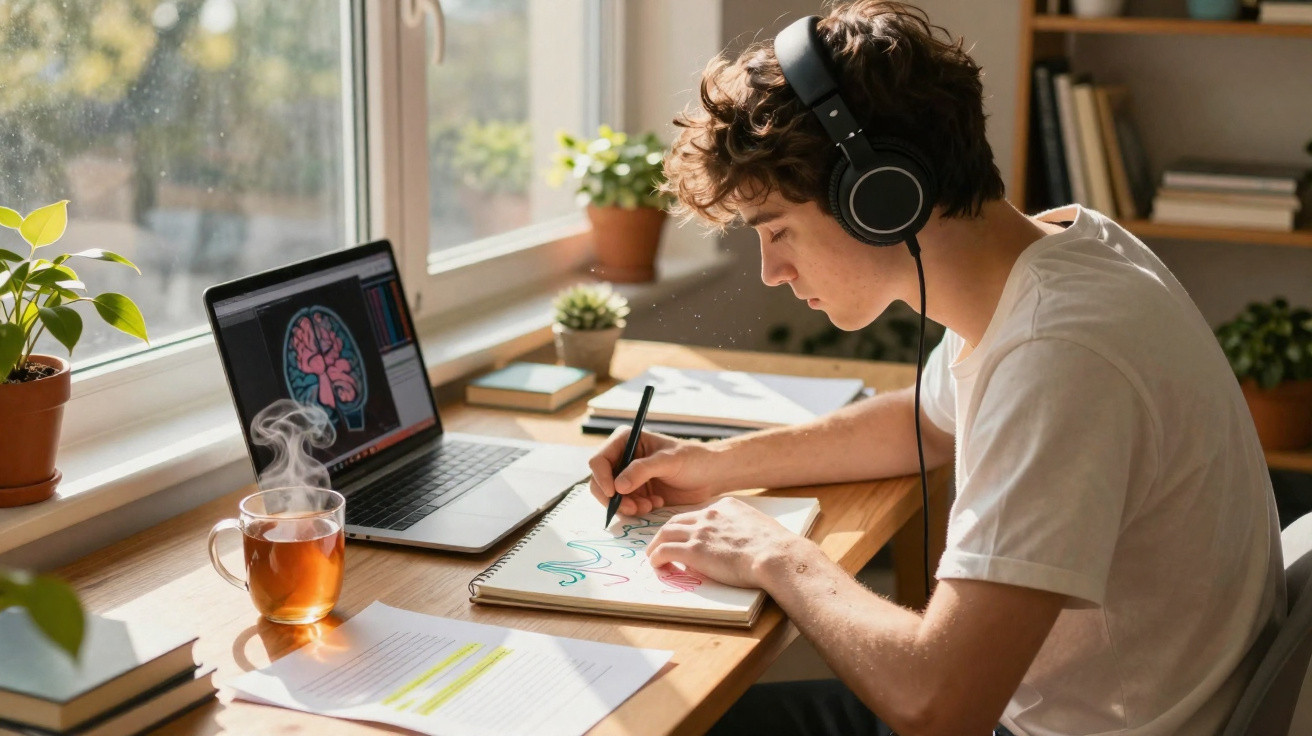 Jovem com auscultadores a desenhar numa caderneta junto a laptop, chá quente e plantas numa mesa junto à janela.