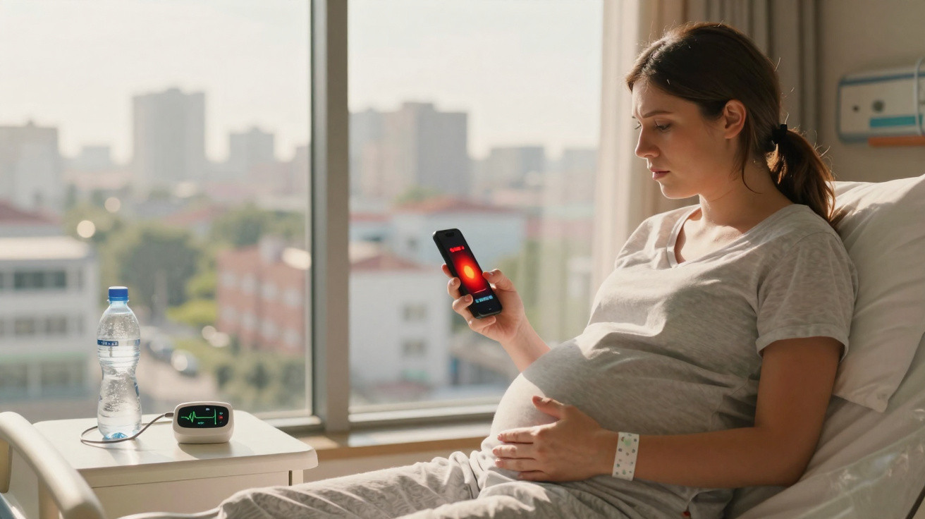 Mulher grávida num quarto de hospital segurando um telefone com alerta vermelho, monitor cardíaco ao lado.