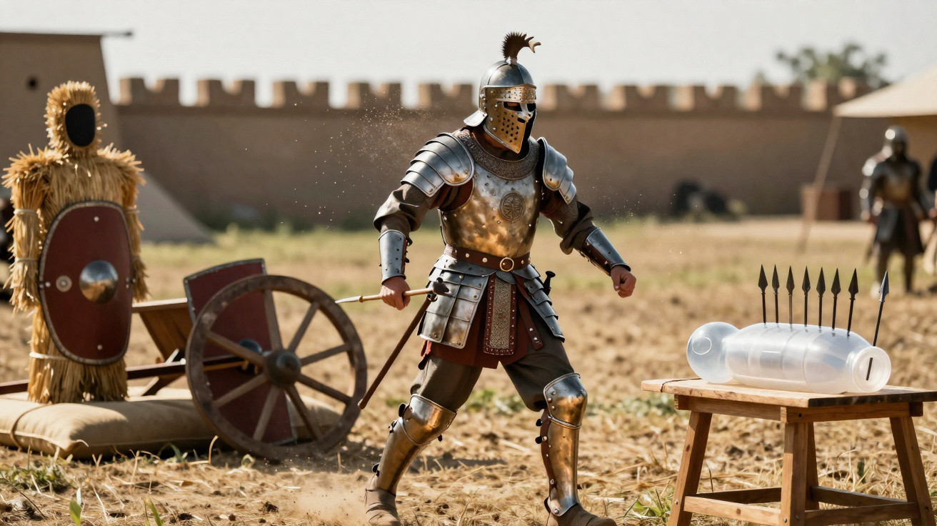 Guerreiro medieval em armadura completa a atacar um alvo com dardos numa arena ao ar livre.