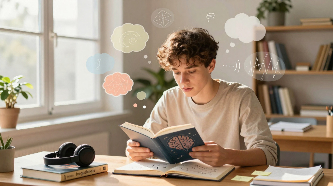 Jovem a ler livro com ilustrações de cérebro e ideias, sentado numa mesa com livros e auscultadores.