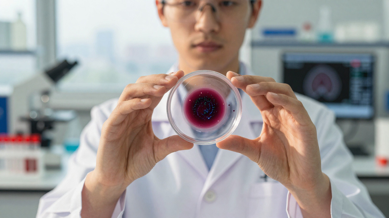 Cientista com bata branca a segurar uma placa de Petri com cultura bacteriana roxa no laboratório.