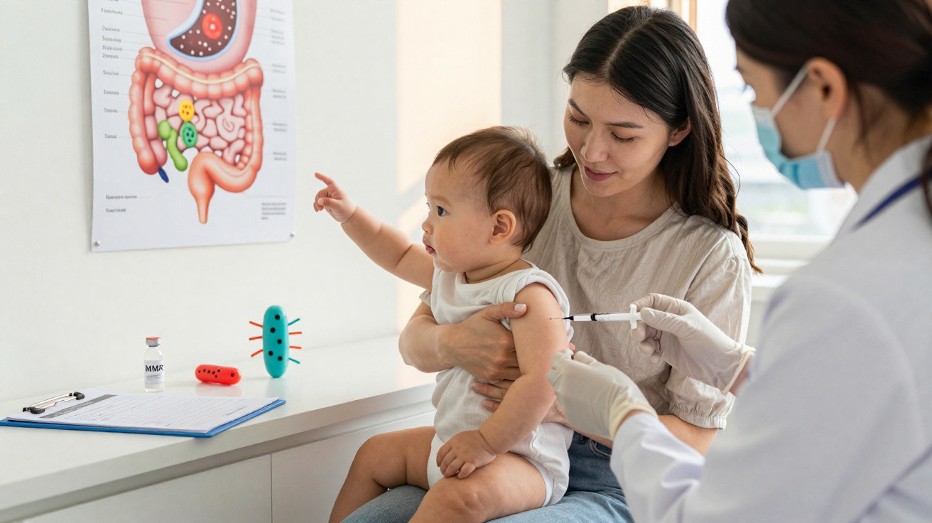 Criança a receber vacinação no braço com mãe ao colo e médica com máscara e luvas num consultório.