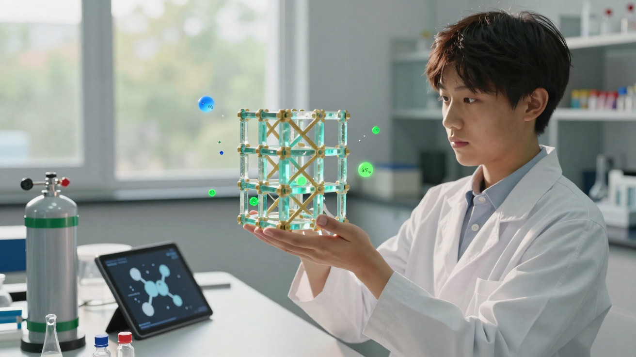 Jovem cientista em laboratório segurando modelo molecular tridimensional flutuante.