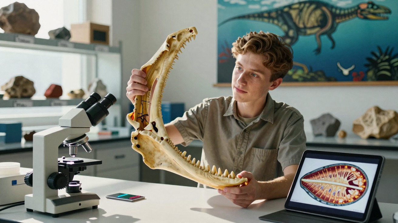 Jovem a analisar maxilar fóssil em laboratório com microscópio e imagem digital de fóssil na tablet.