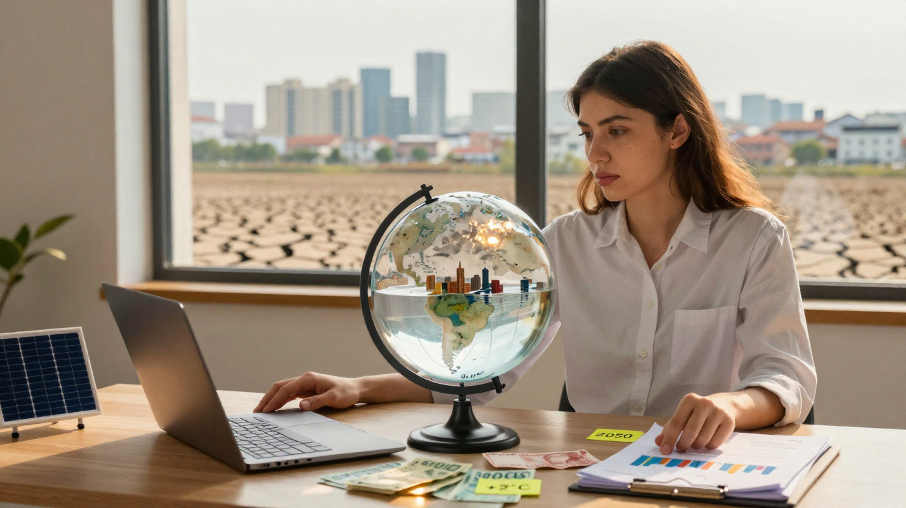 Mulher estudando alterações climáticas, com globo, laptop e documentos, atrás janela mostra solo seco e rachado.