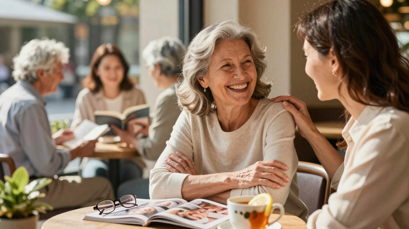 Duas mulheres a sorrir enquanto conversam num café com livros e chá na mesa, ao fundo mais pessoas sentadas.