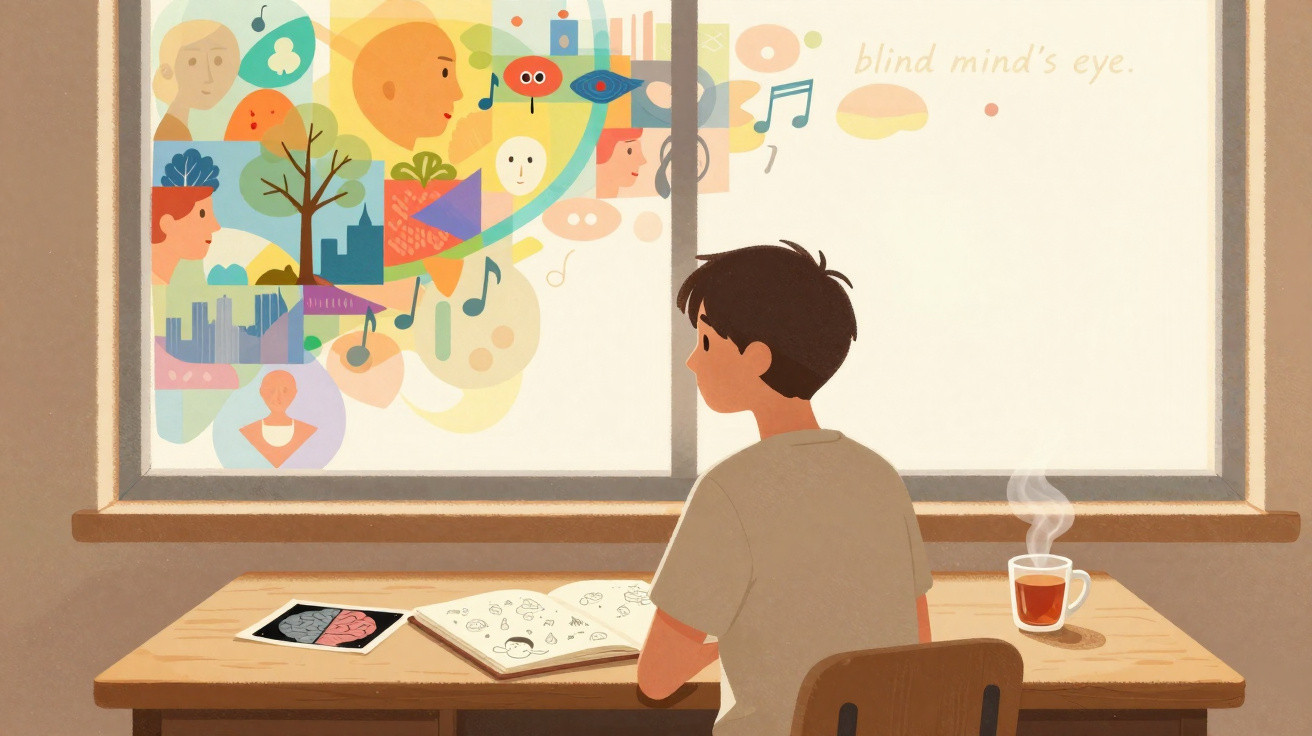 Pessoa sentada à secretária a olhar pela janela com desenhos coloridos e música a fluir para a mente.