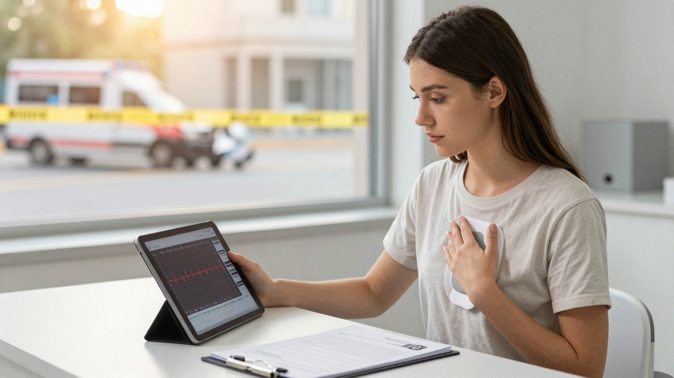Mulher a usar tablet para monitorizar ritmo cardíaco, segurando o peito, com ambulância ao fundo.