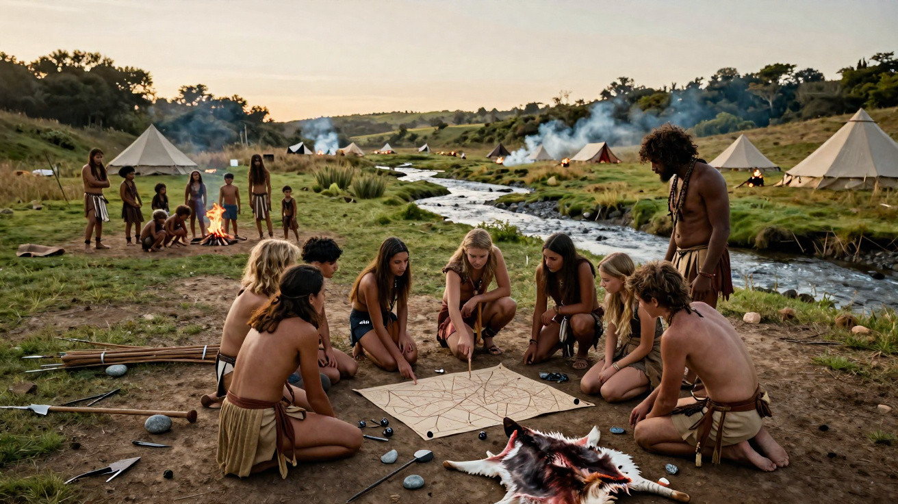 Grupo de pessoas em vestes rústicas reunidas ao redor de mapa em aldeia junto a rio e tendas ao entardecer.