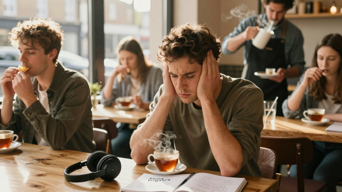 Homem com braços nas orelhas sentado numa mesa de café com chá ao vapor e auscultadores, outros clientes ao fundo.