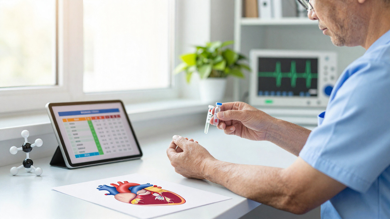 Profissional de saúde com dispositivo para medir glicose ao lado de imagem de coração e equipamento médico.