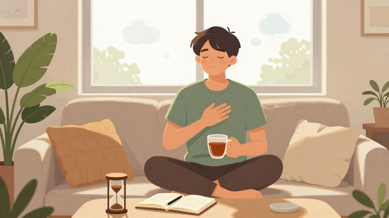 Pessoa sentada de pernas cruzadas no sofá, a meditar, segurando uma chávena de chá, com livro e ampulheta na mesa.