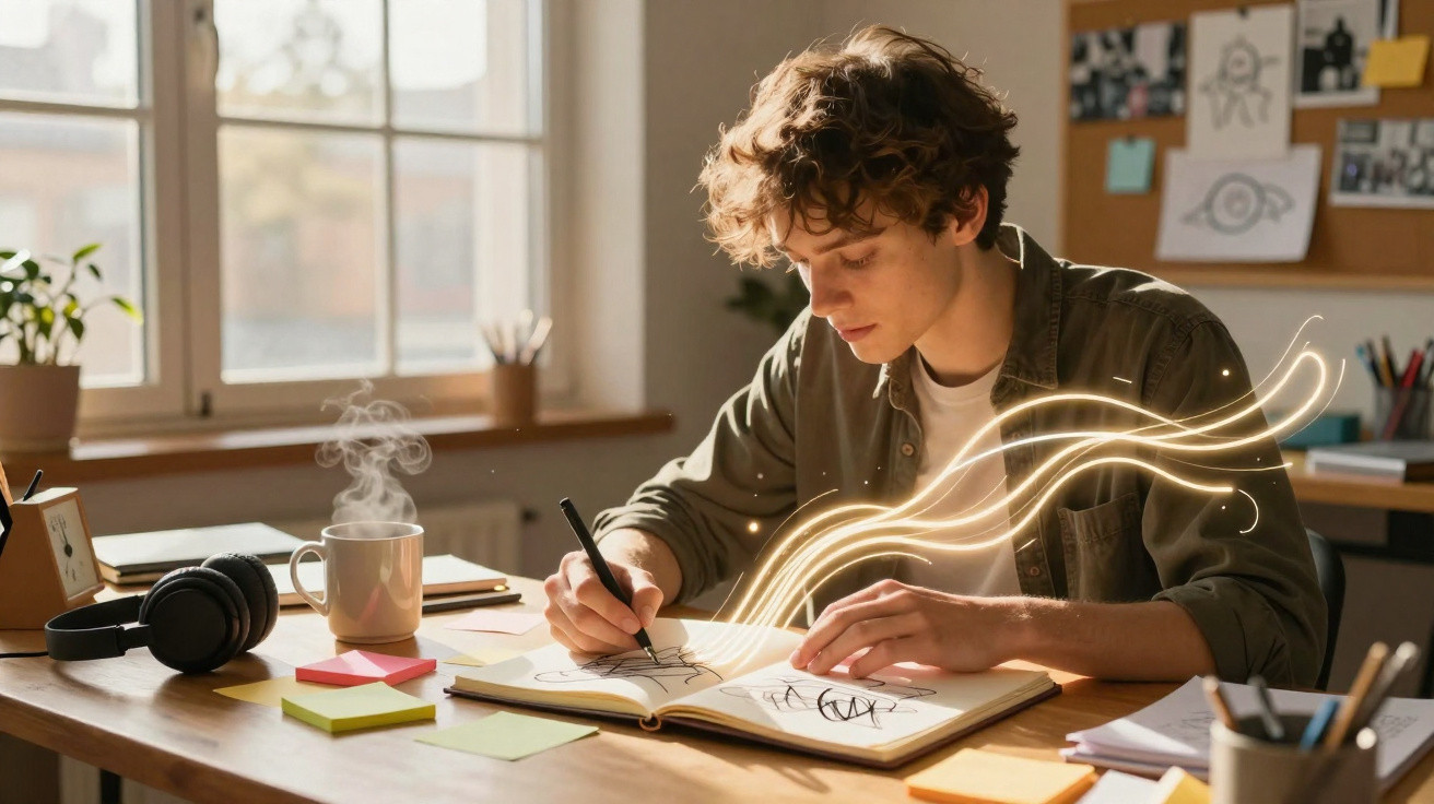 Jovem a desenhar num caderno à secretária com luzes brilhantes digitais a envolver a mão.