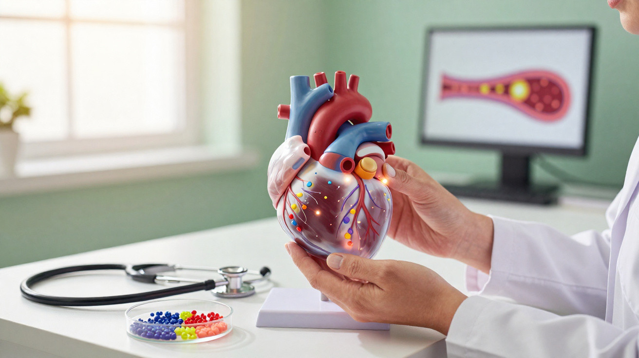 Médico a segurar modelo anatómico de coração com esteto e imagem de artéria ao fundo.