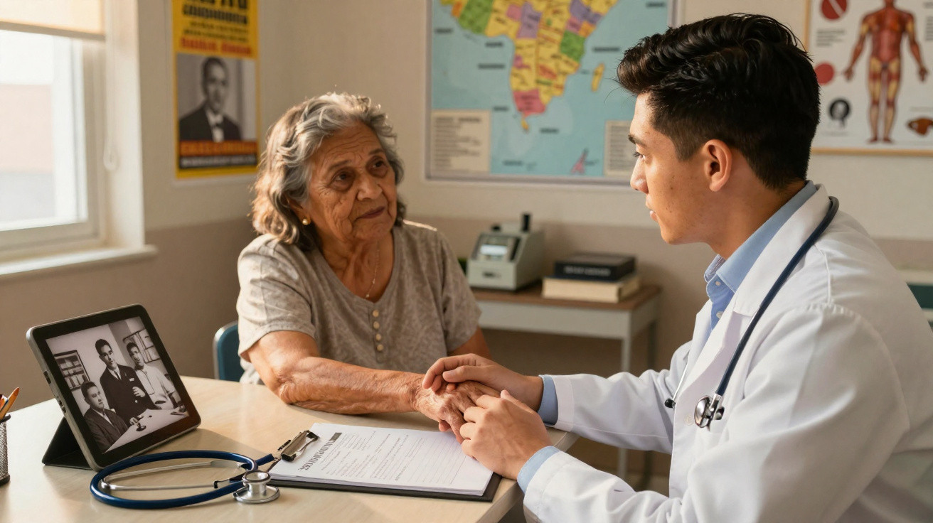 Médico jovem a segurar a mão de idosa durante consulta num gabinete com mapas e stetoescópio.