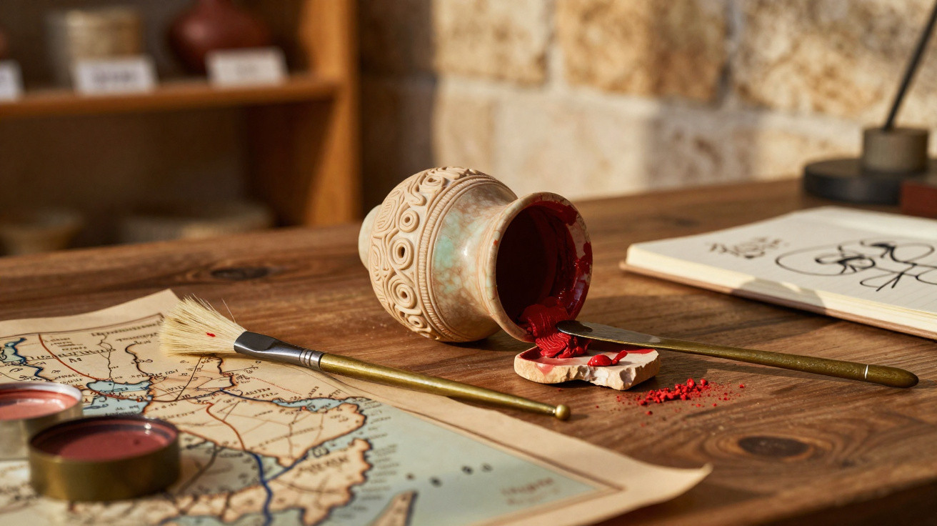 Vaso decorativo com tinta vermelha derramada, pincéis e mapa sobre mesa de madeira.