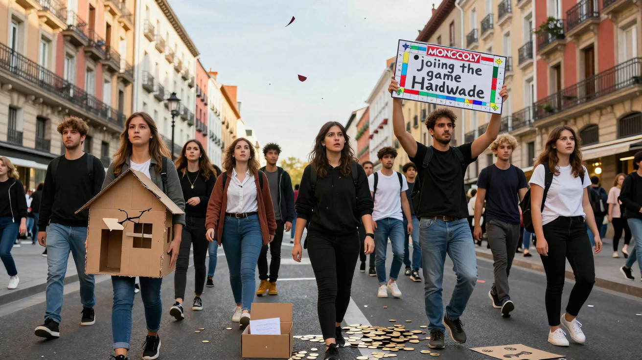 Grupo de jovens manifestantes numa rua, com caixas e placa a criticar a indústria da habitação.