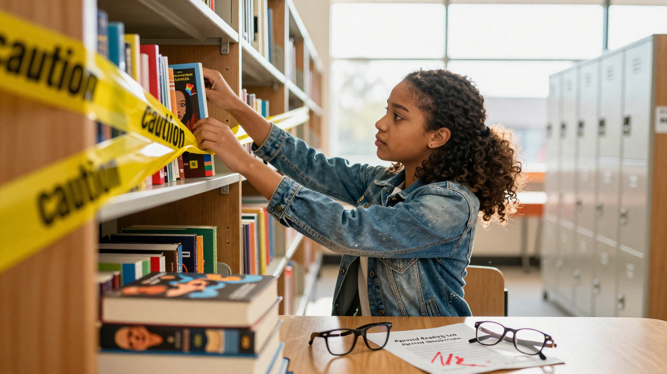 Jovem a escolher livro numa estante com fita de sinalização amarelo e livros e óculos numa mesa à frente.