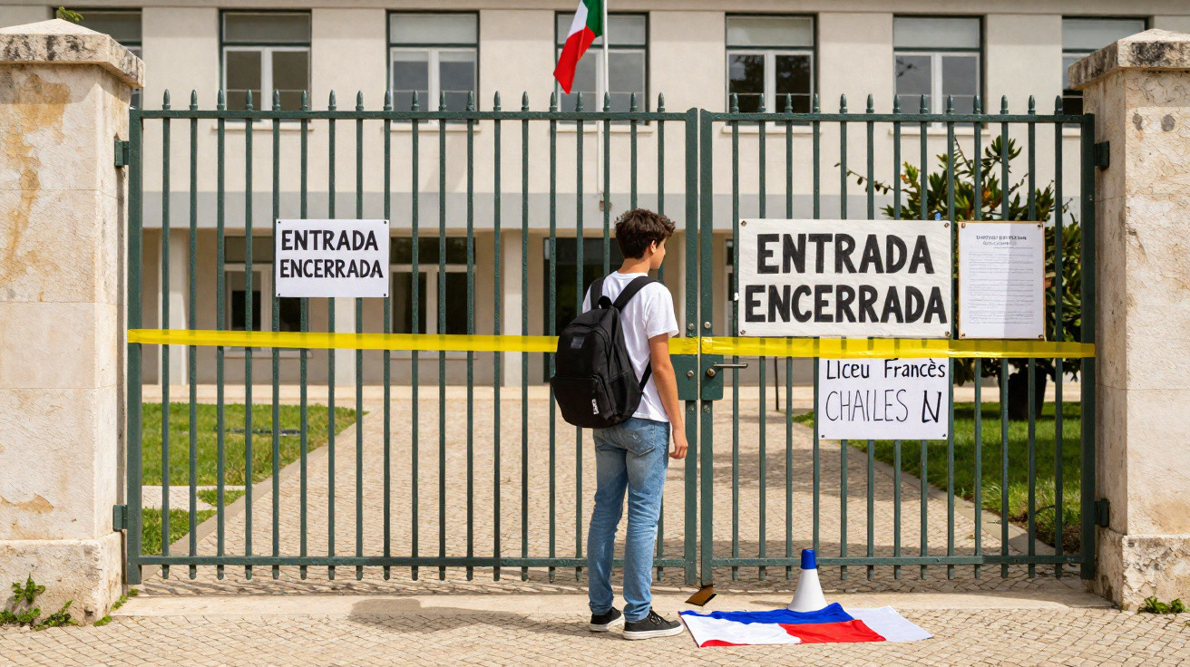 Rapaz com mochila parado em frente a portão fechado e sinais de entrada encerrada numa escola.