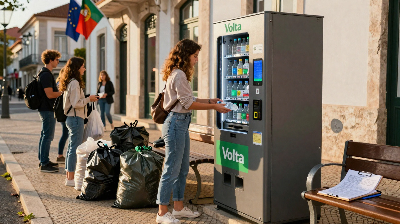 Jovem retira bebida de máquina automática num passeio com várias sacas de lixo ao lado.