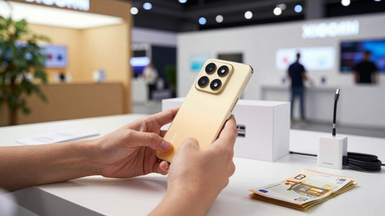 Pessoa segurando telemóvel dourado com quatro câmaras, euros e caixa numa mesa numa loja tecnológica moderna.