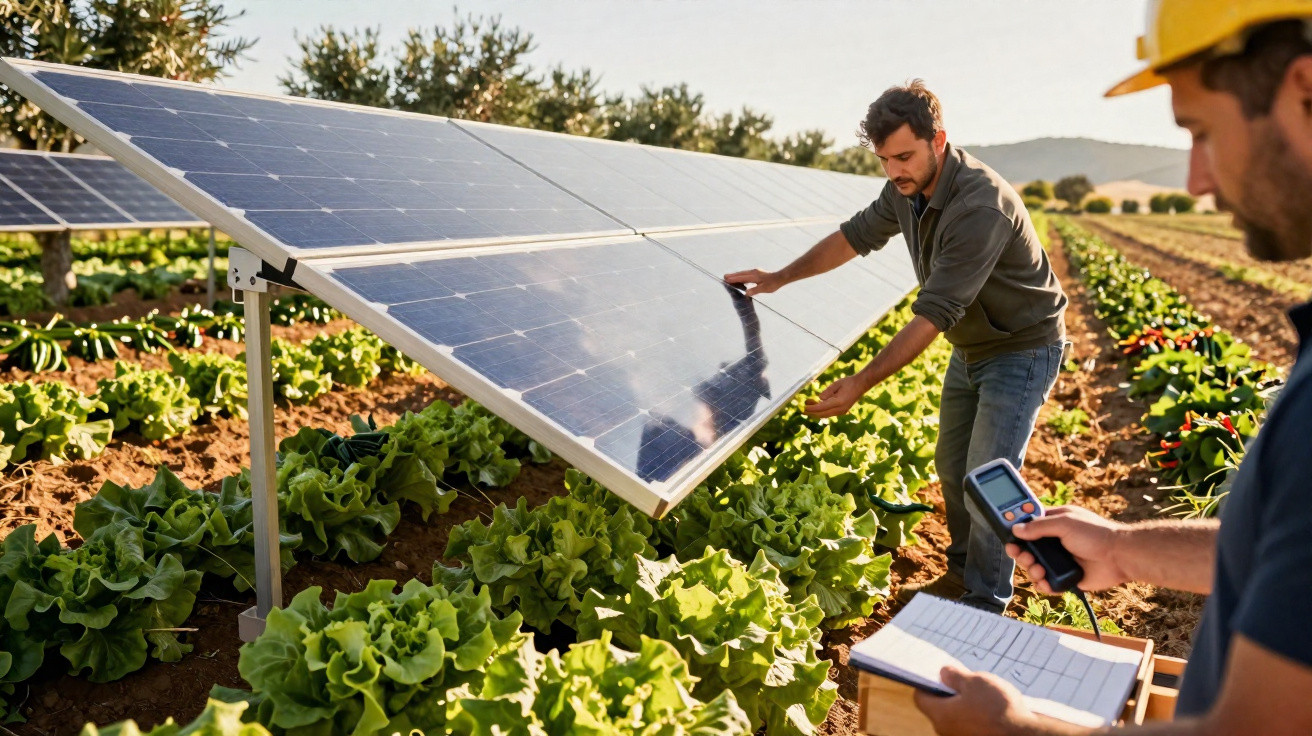 Dois homens trabalham numa horta com painéis solares instalados entre as plantas verdes.